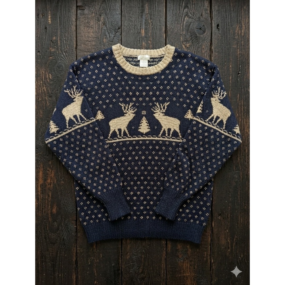 Vintage Old‎ Navy Vintage Reindeer Fair Isle Navy Wool Blend Sweater Holiday